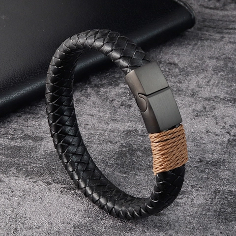 Men's Genuine Leather Bracelet Stainless Steel Magnetic Clasp Black Woven Braid Wristband Punk Retro Casual Jewelry Gift For Men