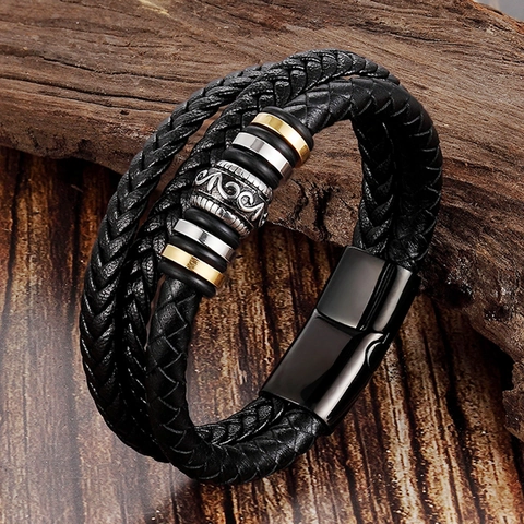 Bracciale da Uomo Multistrato in Pelle Intrecciata Con Chiusura Magnetica in Acciaio Inossidabile Cinturino in Vera Pelle