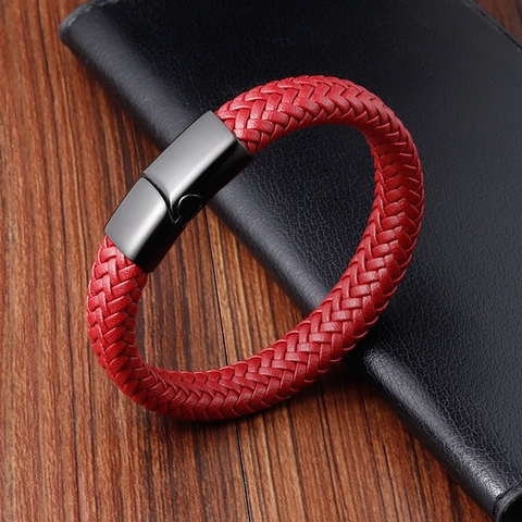 Bracciale in Vera Pelle Intrecciata per Uomo Donna Chiusura Magnetica in Acciaio Inossidabile Cordino Rosso Rigido Intrecciato a Mano Gioielli