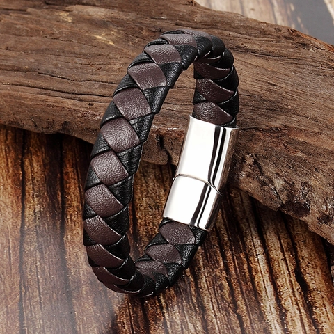 Men's Braided Leather Bracelet With Stainless Steel Magnetic Clasp Vintage Hand Woven Bangle For Men Jewelry Birthday Gift