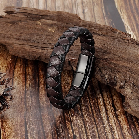 Men's Braided Leather Bracelet With Stainless Steel Magnetic Clasp Vintage Hand Woven Bangle For Men Jewelry Birthday Gift