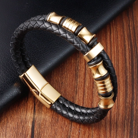 Men Double Layer Braided Cowhide Leather Bracelet With Stainless Steel Magnetic Clasp Industrial Woven Wristband Jewelry