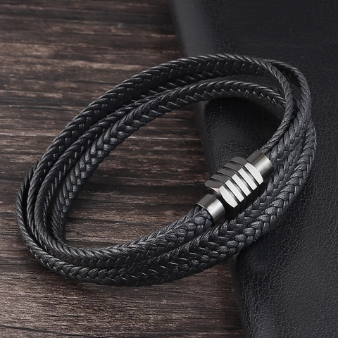 Men Multi Layer Woven Genuine Leather Bracelet Stainless Steel Magnetic Clasp Casual Retro Wristband Jewelry For Male