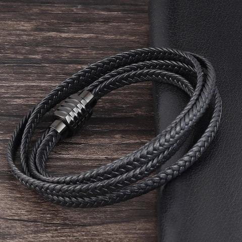 Men Multi Layer Woven Genuine Leather Bracelet Stainless Steel Magnetic Clasp Casual Retro Wristband Jewelry For Male