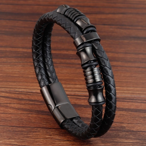 Men Double Layer Braided Cowhide Leather Bracelet With Stainless Steel Magnetic Clasp Industrial Woven Wristband Jewelry