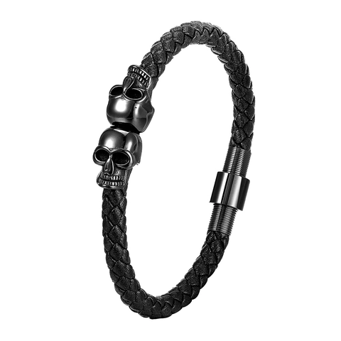 Bracciale Punk Teschio Corda in Pelle Intrecciata Acciaio Inossidabile Chiusura Magnetica Gioielli Gotici da Uomo