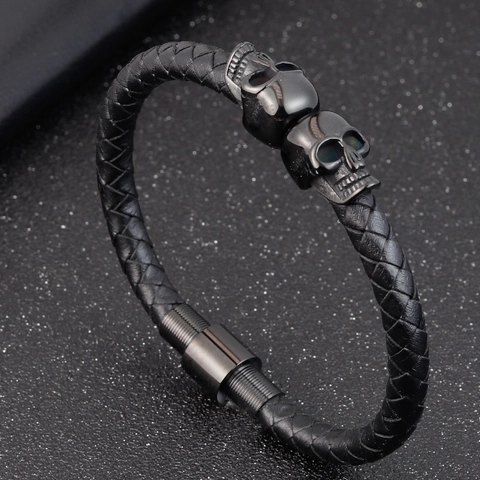 Bracciale Punk Teschio Corda in Pelle Intrecciata Acciaio Inossidabile Chiusura Magnetica Gioielli Gotici da Uomo