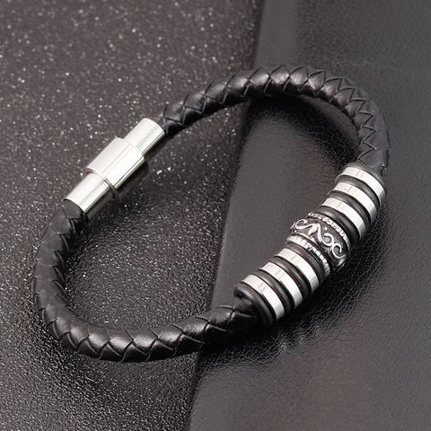 Herren Geflochtenes Lederarmband Edelstahl Vintage Graviert Perle Punk Minimalistisch Handgelenkband Magnetverschluss Schmuck Für Party