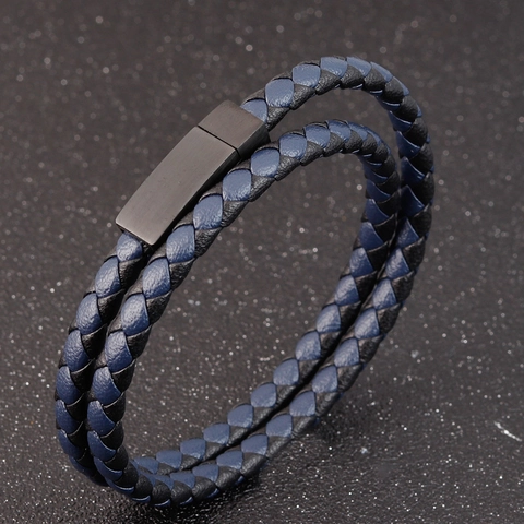 Men's Double Layer Woven Leather Bracelet With Matte Stainless Steel Magnetic Clasp Casual Minimalist Fashion Wristband
