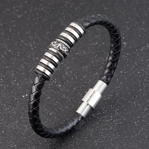 Herren Geflochtenes Lederarmband Edelstahl Vintage Graviert Perle Punk Minimalistisch Handgelenkband Magnetverschluss Schmuck Für Party
