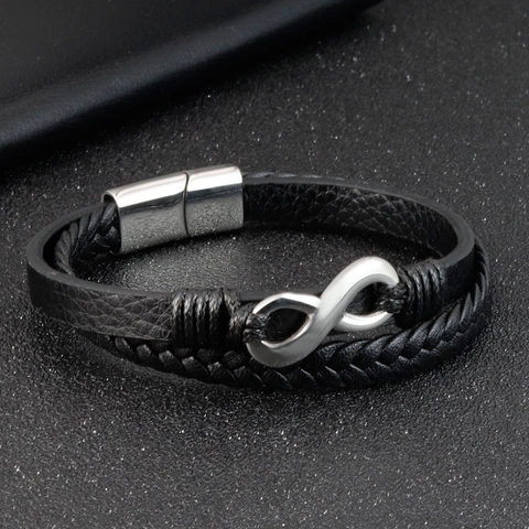 Men Braided Leather Bracelet Stainless Steel Infinity Symbol Magnetic Clasp Vintage Multi-Layer Jewelry For Men Gift