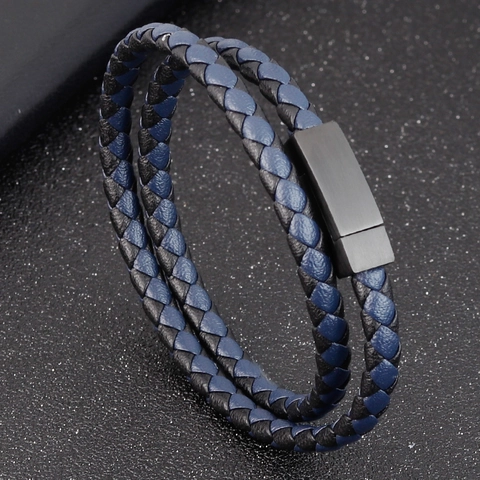 Men's Double Layer Woven Leather Bracelet With Matte Stainless Steel Magnetic Clasp Casual Minimalist Fashion Wristband