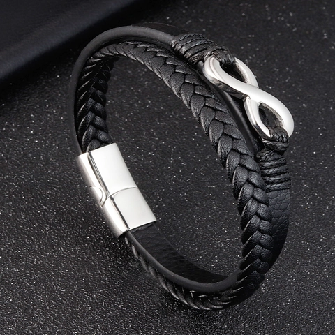 Men Braided Leather Bracelet Stainless Steel Infinity Symbol Magnetic Clasp Vintage Multi-Layer Jewelry For Men Gift