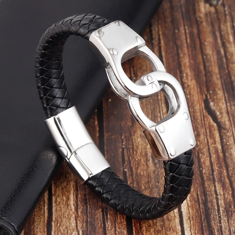 Men Stainless Steel Handcuff Infinity Multilayer Woven Leather Bracelet Punk Style Magnetic Clasp Biker Jewelry For Gift