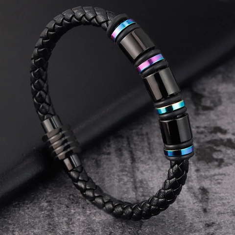 Pulsera de Cuero Trenzado Negro Minimalista Para Hombre Con Espaciadores Irisados de Acero Inoxidable Cuentas Geométricas Cierre Magnético Joyería Moda
