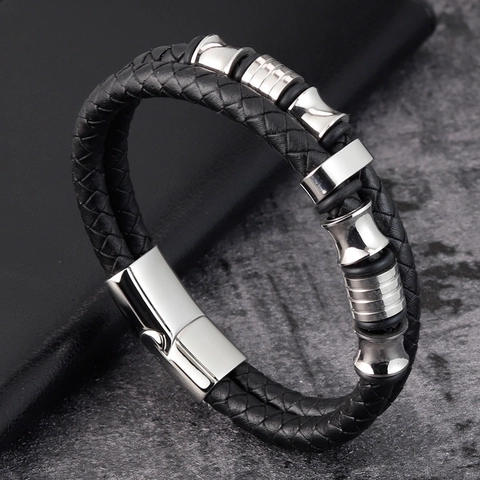 Pulsera de Cuero Trenzado para Hombre Con Cierre Magnético de Acero de Titanio Cuentas de Metal Pulido Joyería de Moda