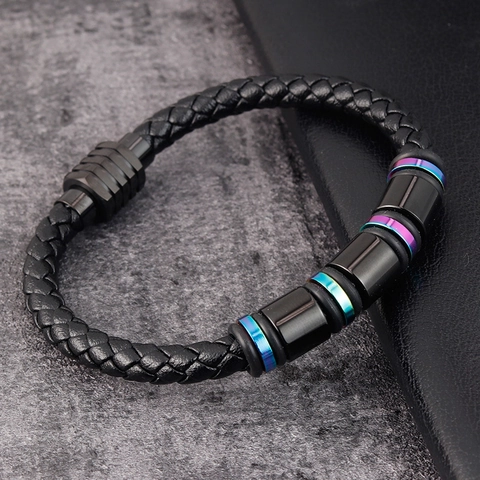 Pulsera de Cuero Trenzado Negro Minimalista Para Hombre Con Espaciadores Irisados de Acero Inoxidable Cuentas Geométricas Cierre Magnético Joyería Moda