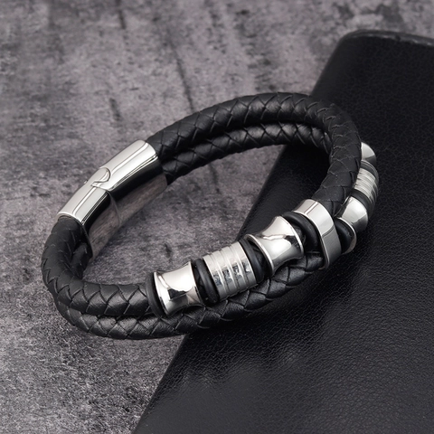 Pulsera de Cuero Trenzado para Hombre Con Cierre Magnético de Acero de Titanio Cuentas de Metal Pulido Joyería de Moda