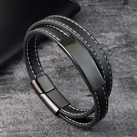 Pulsera de Cuero Multicapa para Hombre Con Cierre Magnético de Acero Inoxidable Pulido Trenzado Joyería de Moda