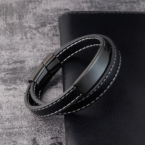 Pulsera de Cuero Multicapa para Hombre Con Cierre Magnético de Acero Inoxidable Pulido Trenzado Joyería de Moda