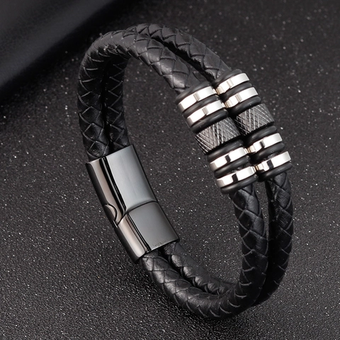 Bracciale da Uomo a Doppio Strato Intrecciato in Acciaio al Titanio Nero Con Chiusura Magnetica Lucidato Stile Industriale Gioielli