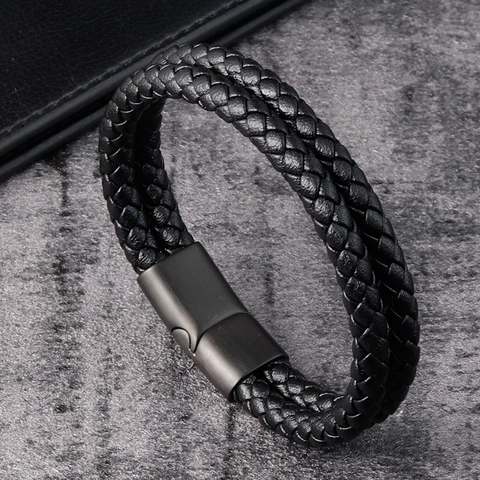 Pulsera de Cuero Trenzado para Hombre Con Hebilla de Acero Inoxidable Pulsera Multicapa Geométrica Minimalista Joyería de Moda Regalo