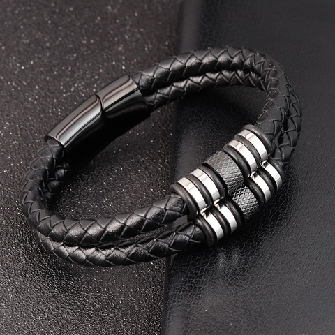 Bracciale da Uomo a Doppio Strato Intrecciato in Acciaio al Titanio Nero Con Chiusura Magnetica Lucidato Stile Industriale Gioielli