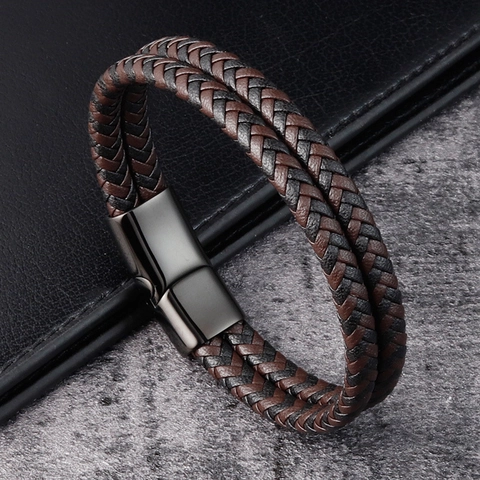 Trendy Men Braided Leather Bracelet Stainless Steel Magnetic Clasp Double Layer Masculine Cuff Bangle Fashion Jewelry Gift