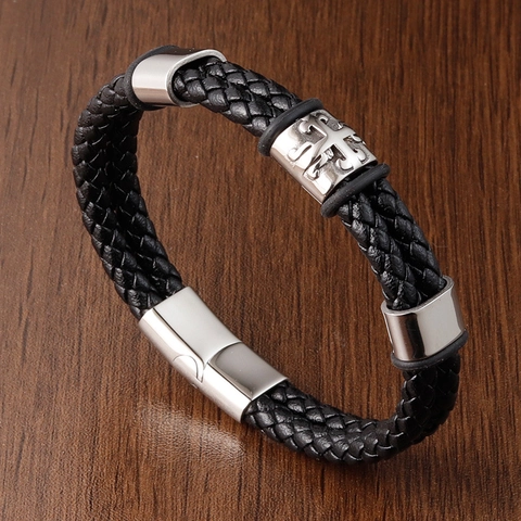 Bracciale Intrecciato in Pelle da Uomo Rilievo a Croce in Acciaio Inossidabile Chiusura Magnetica Corda Nera Gioielli Uomo