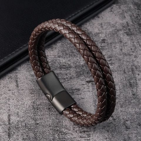 Pulsera de Cuero Trenzado para Hombre Con Hebilla de Acero Inoxidable Pulsera Multicapa Geométrica Minimalista Joyería de Moda Regalo
