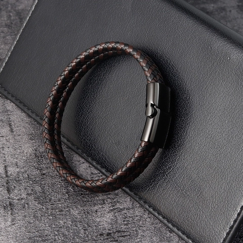 Trendy Men Braided Leather Bracelet Stainless Steel Magnetic Clasp Double Layer Masculine Cuff Bangle Fashion Jewelry Gift