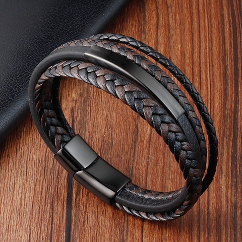Heren Meerlaags Gevlochten Leren Armband Roestvrij Staal Magneetsluiting Punk Vintage Manchete Sieraden