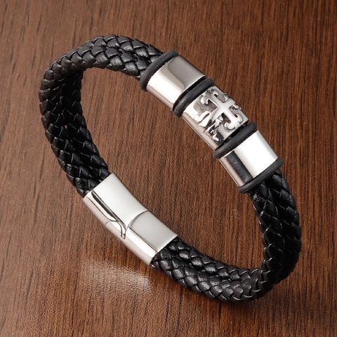 Bracciale Intrecciato in Pelle da Uomo Rilievo a Croce in Acciaio Inossidabile Chiusura Magnetica Corda Nera Gioielli Uomo
