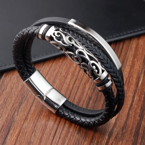 Bracciale da Uomo Retro in Pelle di Vacca Intrecciata a Più Strati Con Chiusura Magnetica in Acciaio Inossidabile 316L Gioielli Vintage