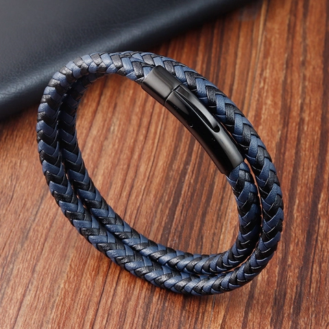Men's Double Layer Braided Artificial Leather Bracelet Stainless Steel Magnetic Clasp Minimalist Geometric Wrap Bracelet Jewelry For Men