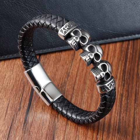 Punk Herren Geflochtenes Lederarmband Mit Edelstahl Totenkopf Charms Vintage Gothic Rock Magnetverschluss Handschmuck Geschenk