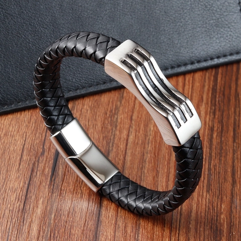Vintage Men Braided Cowhide Leather Bracelet With Titanium Steel Magnetic Clasp Polished Geometric Jewelry Bangle For Men