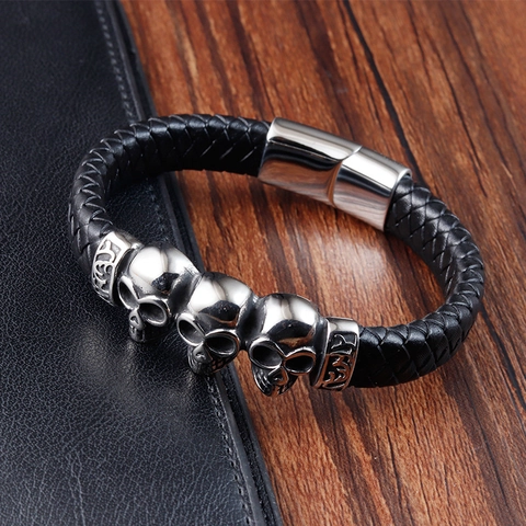 Punk Herren Geflochtenes Lederarmband Mit Edelstahl Totenkopf Charms Vintage Gothic Rock Magnetverschluss Handschmuck Geschenk