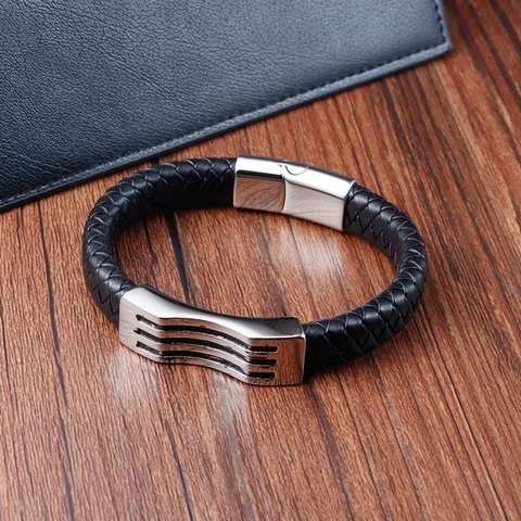 Vintage Men Braided Cowhide Leather Bracelet With Titanium Steel Magnetic Clasp Polished Geometric Jewelry Bangle For Men