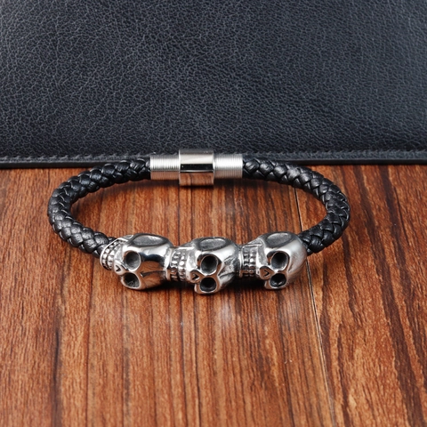 Punk Skull Men Braided Leather Bracelet Stainless Steel Magnetic Clasp Rock Vintage Gothic Streetwear Jewelry Wristband