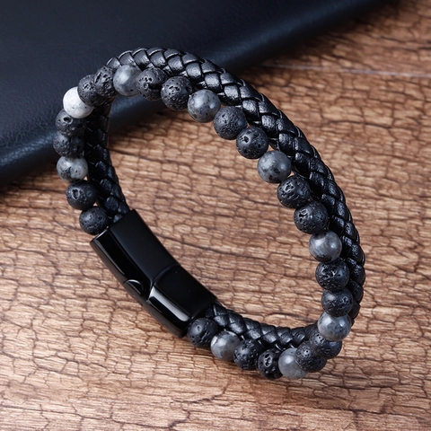 Mens Multilayer Lava Stone Braided Leather Bracelet Stainless Steel Magnetic Clasp Natural Stone Beads Fashion Jewelry
