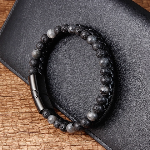Mens Multilayer Lava Stone Braided Leather Bracelet Stainless Steel Magnetic Clasp Natural Stone Beads Fashion Jewelry