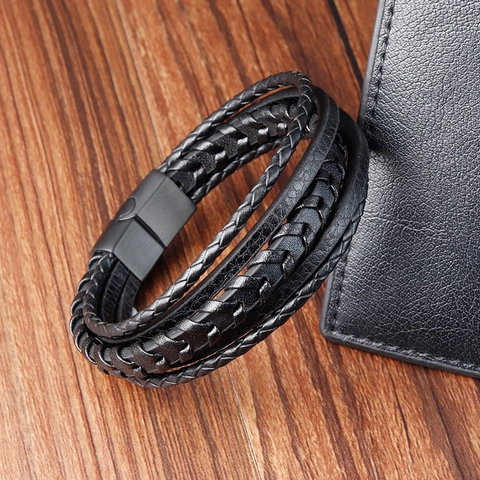 Bracciale da Uomo Vintage in Pelle Intrecciata Multistrato Con Chiusura Magnetica in Acciaio al Titanio Nero Gioielli Punk Retro