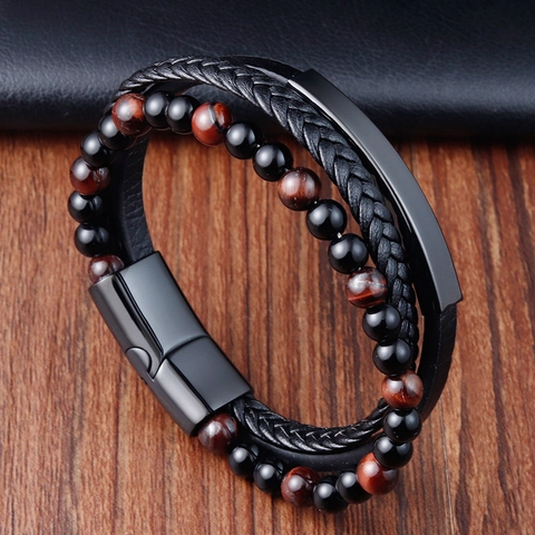Men Multilayer Braided Leather Bracelet With Natural Lava Stone Tiger Eye Beads Titanium Steel Magnetic Clasp Masculine Jewelry