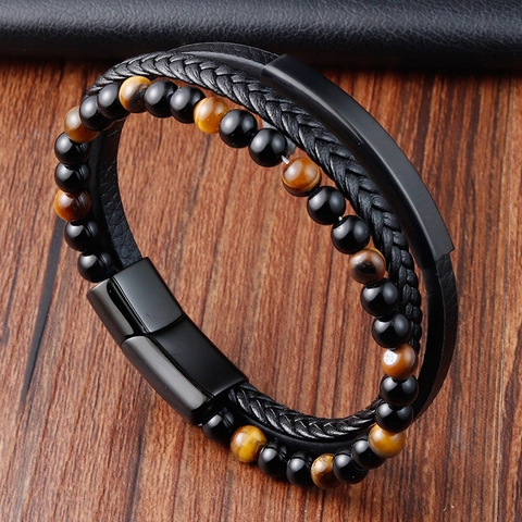 Men Multilayer Braided Leather Bracelet With Natural Lava Stone Tiger Eye Beads Titanium Steel Magnetic Clasp Masculine Jewelry