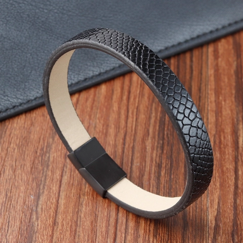 Herren Retro Echtleder Armband Edelstahl Magnetverschluss Schlangenhautmuster Geflochtenes Armband Handgelenkschmuck