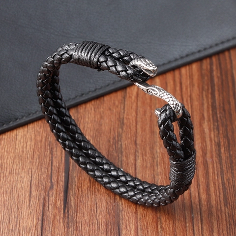 Men Braided Leather Bracelet With 316L Stainless Steel Snake Head Magnetic Clasp Retro Punk Jewelry Black Silver Bracelet