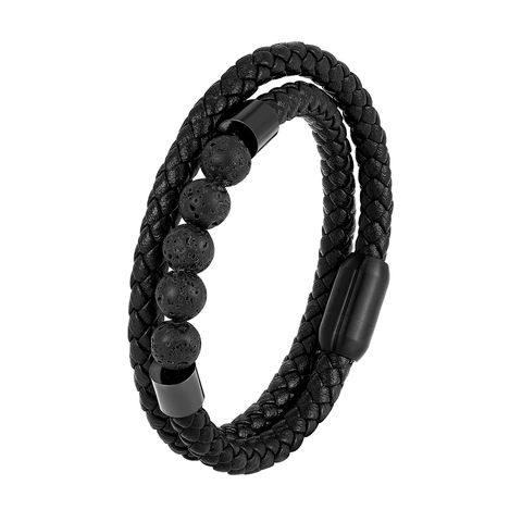 Mehrlagiges Geflochtenes Lederarmband Für Herren Mit Natürlichen Lavastein-Perlen Edelstahl Magnetverschluss Punk Schmuck