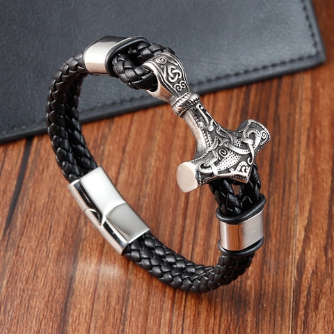 Pulsera Vikinga Mjolnir para Hombre Colgante de Martillo de Thor Nórdico Pulsera de Cuero Trenzado Negro Acero Inoxidable Joyería Punk Rock