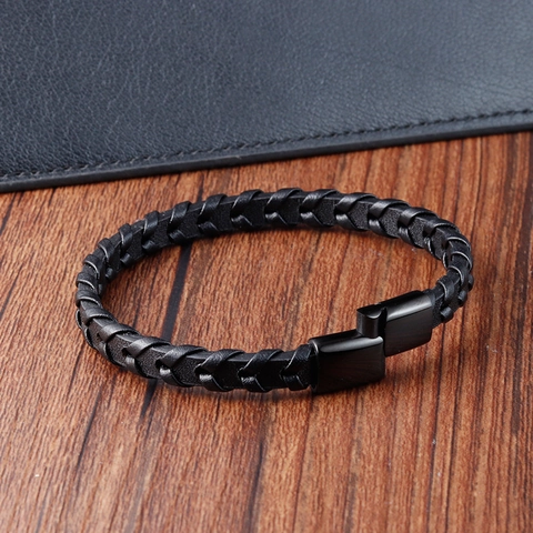 Men's Minimalist Black Braided Leather Bracelet With 316L Stainless Steel Magnetic Clasp Cool Masculine Hand Jewelry
